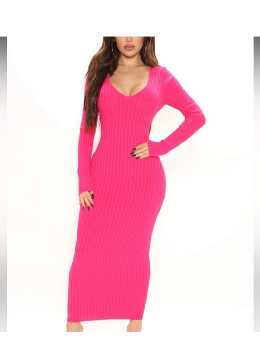 Fashion Nova Ribbed V-Neck Long Sleeve Maxi Dress - Bright Pink 3x